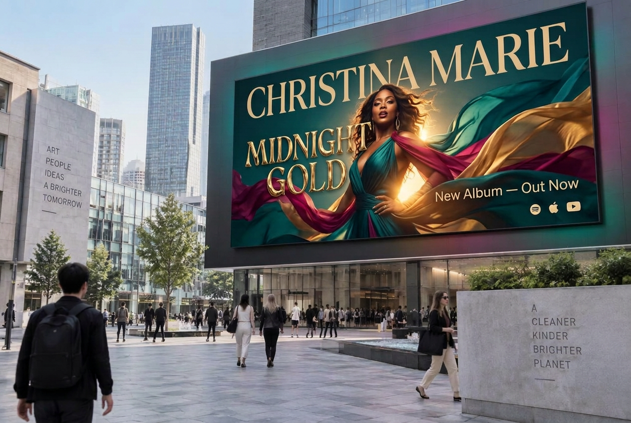 Digital billboard displaying an album ad in a busy city plaza