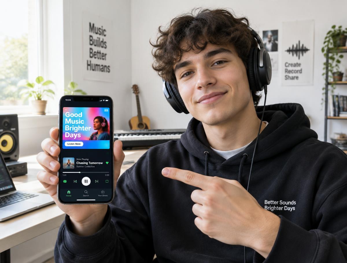 Musician showing a streaming ad on a phone